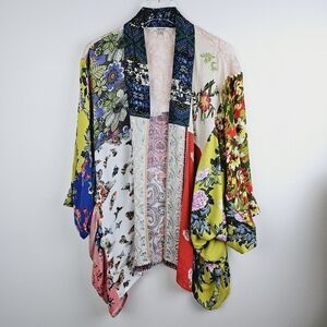 Vincente Boho Mixed Media Print Embroidered Floral Semi Sheer Kimono